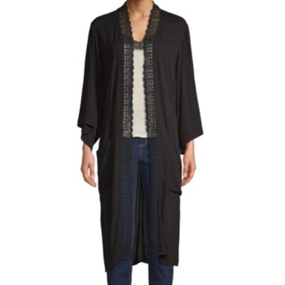 3/$30 Crochet Trim Kimono, Black - Picture 2 of 9